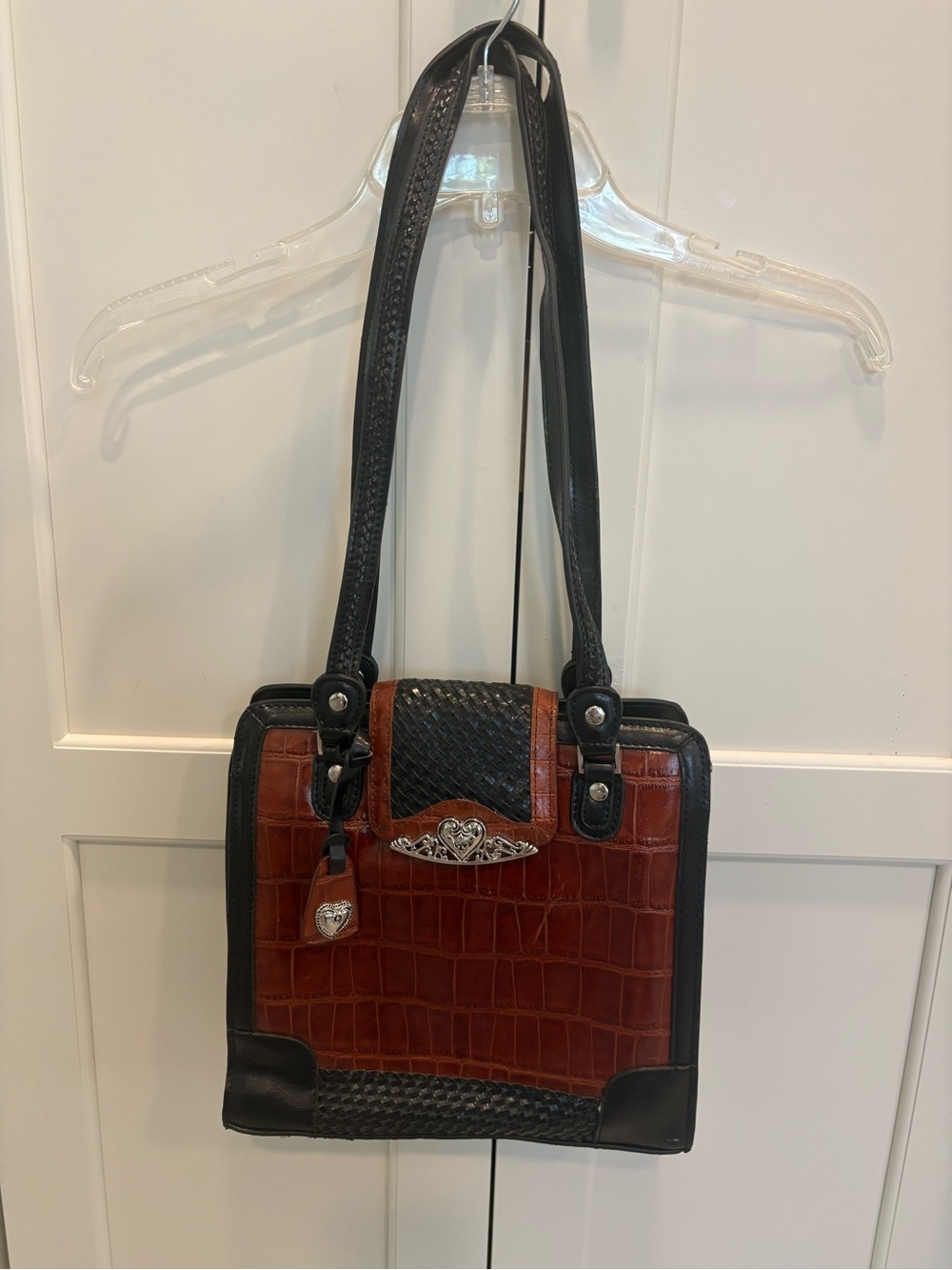 Black & Brown Croc-Embossed Leather Shoulder Bag by Purseonality